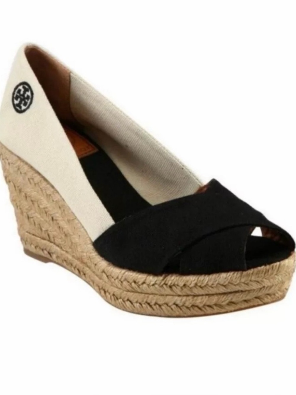 Tory Burch Black and Cream Espadrille Wedge Peep-Toe Sandals